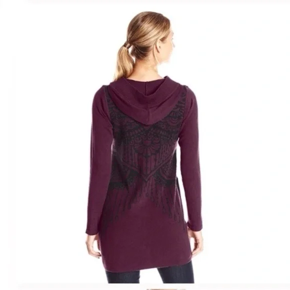 PrAna Misha Duster Knit Hoodie Sweater Black Plum Size Large - Picture 1 of 13